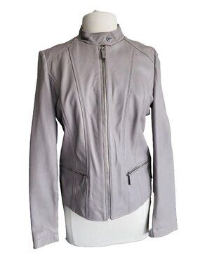 Michael Kors Leather Full Zip Biker Moto Jacket In Pearl Gray